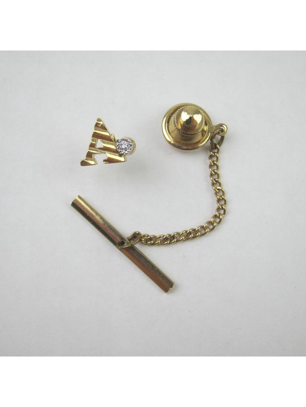 Vintage Monogram Letter A Tie Tack Lapel Pin Gold tone Chain Tie Bar
